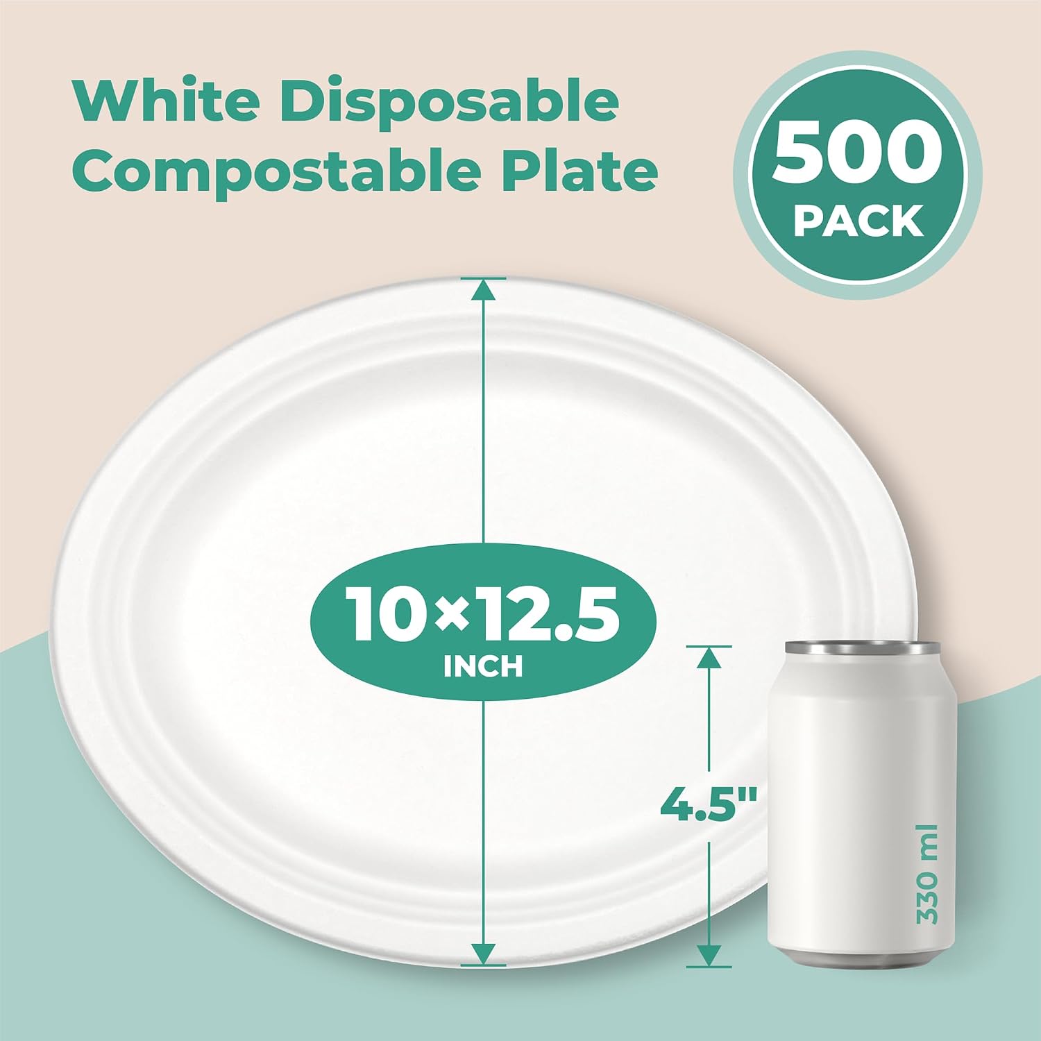 [500 Pack] Compostable Paper Plates, 10 x 12.5 Inch Biodegradable Oval Plates, Heavy Duty Eco Friendly Disposable Sugarcane Plate for Dinner, Party, Wedding, Freezer Microwave Safe, White