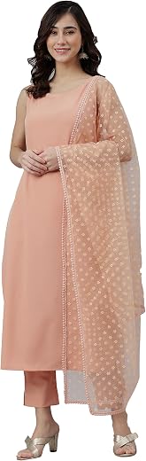 Janasya Women's Peach Poly Crepe Solid Kurta with Pant and Dupatta