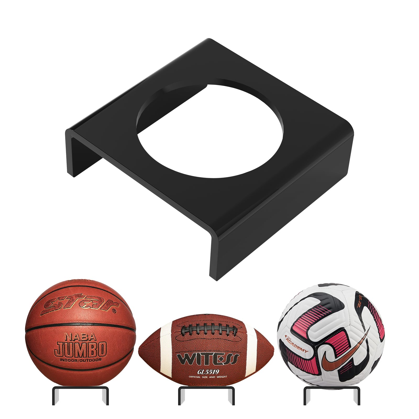 KOLIPI Acrylic Basketball Stand, Ball Holder Display Stand for Football Basketball Soccer Volleyball Rugby, Trophy Autograph Memorabilia Display (4.3x1.6 inch,11x4 cm), Black