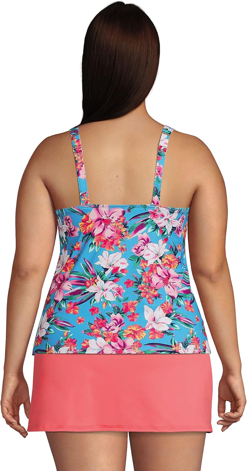 Lands' End Womens Chlorine Resistant Square Neck Tankini Top Turquoise Lily Palm Plus 18w