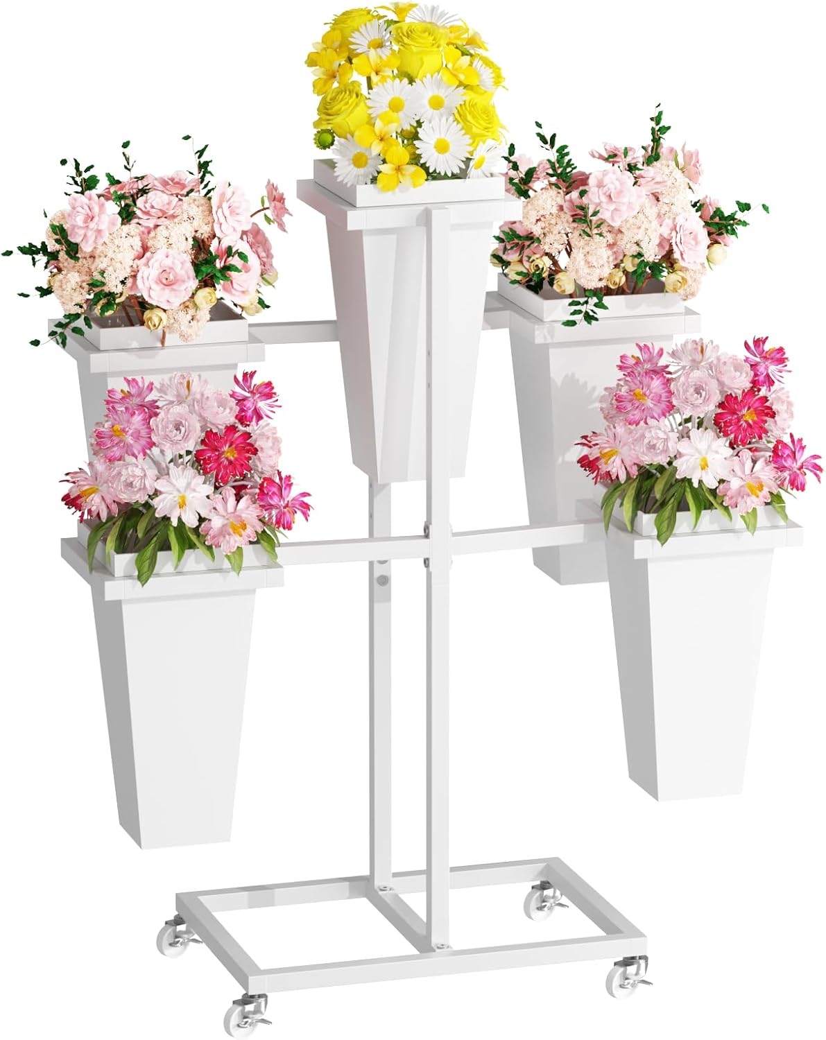 Flower Display Stand with Buckets, Sturdy Flower Cart with Wheels, Metal Bouquet Bar for Wedding, Party, Patio, Bridal Shower, White