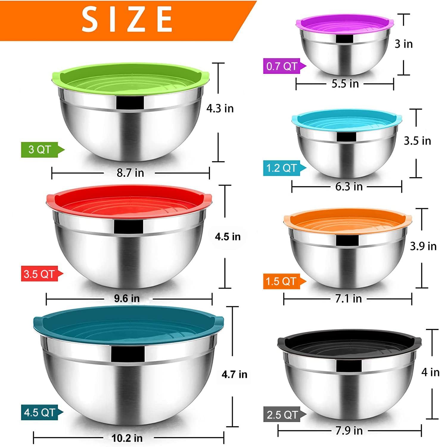 Vesteel 7 Pcs Stainless Steel Mixing Bowls, Metal Nesting Salad Bowls with Lids, 4.5/3.5/3/2.5/1.5/1.2/0.7 QT - Multi-Color