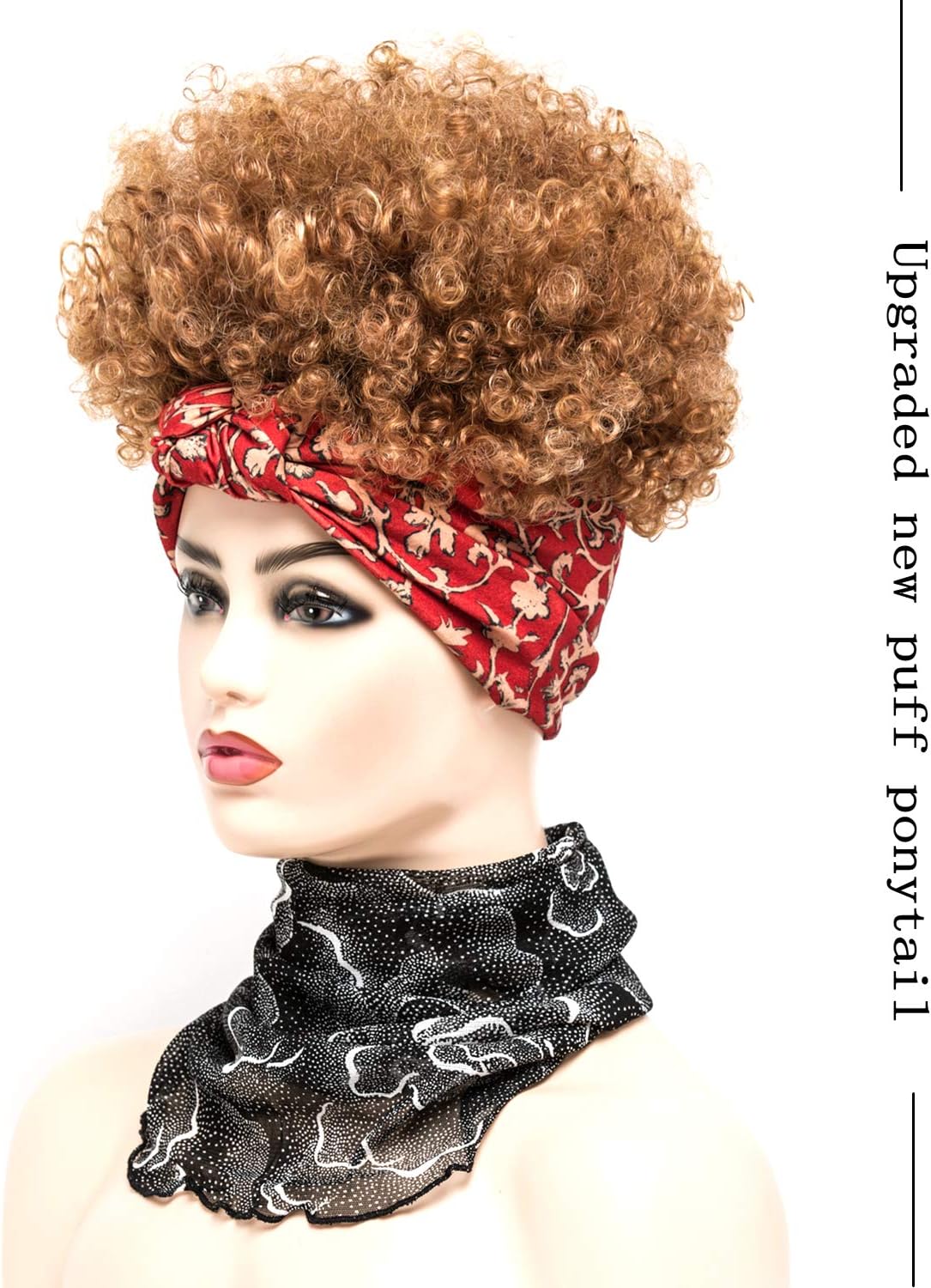 Afro Kinky Curly Wrap Wigs for Black Women Headband Wigs with Bangs Synthetic Short Curly Wigs 2 in 1 Headwrap Turban Wigs Afro Puff Drawstring Ponytail with Red Hair Scarf (D-4/630) - Image 3
