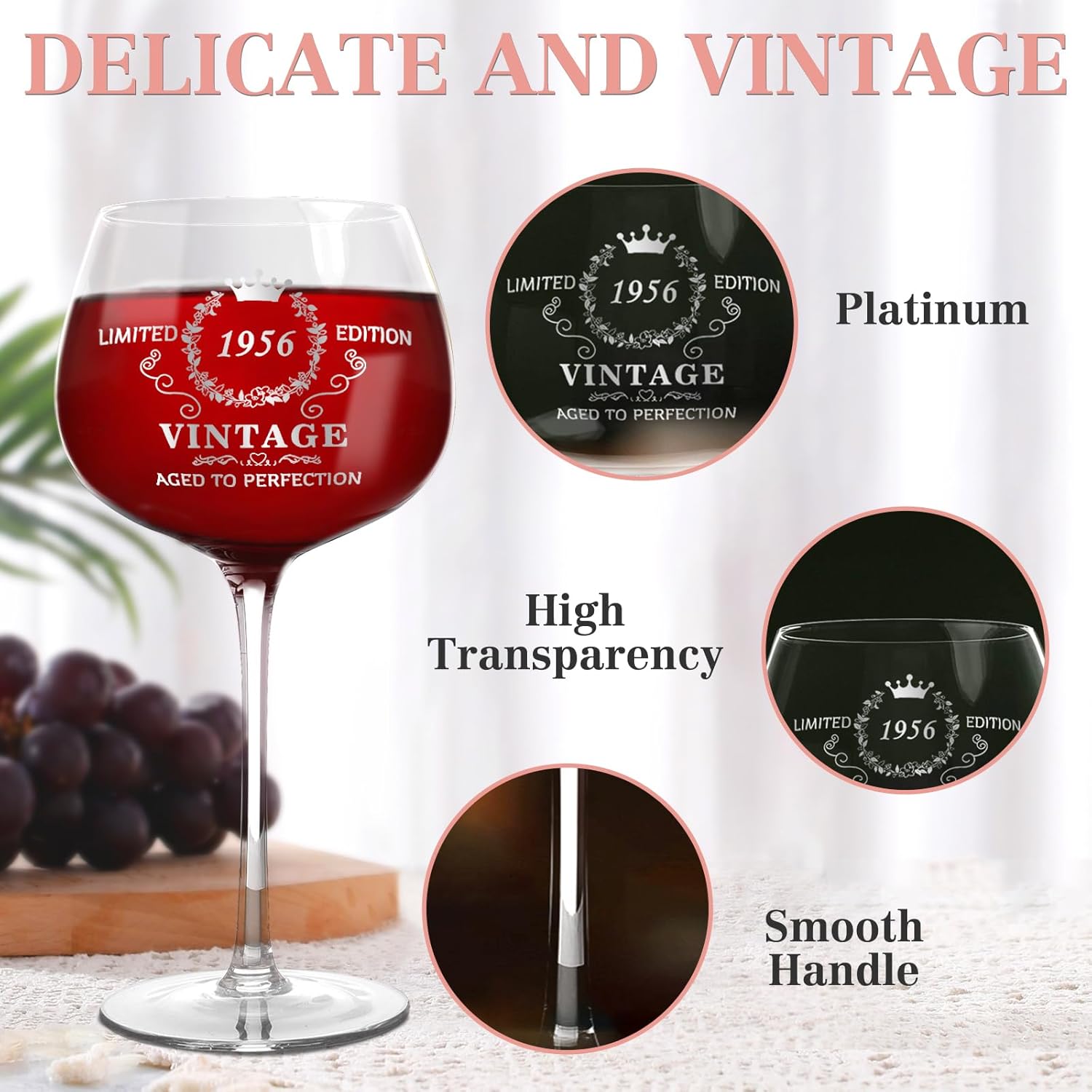 YeohJoy 70th Birthday Gifts for Women,Vintage 1956 Platinum Print Wine Glass, 70th Birthday Decorations for Women, Happy 70 Year Old Gift Ideas for Her, Wife, Friends - 16Oz Wine Glass - Image 4