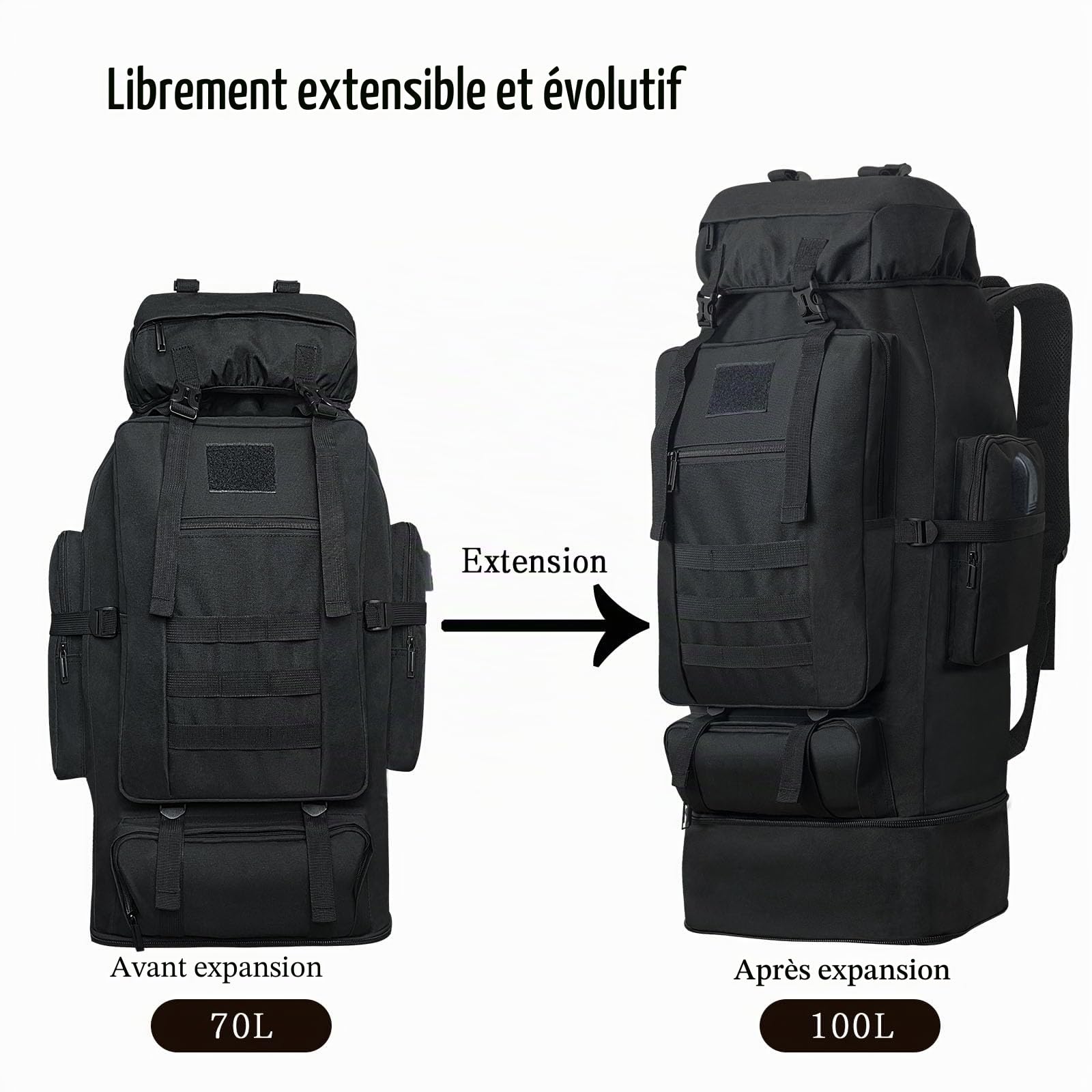 Sac à dos de randonnée tactique militaire de 100 L pour homme avec port de charge USB, sac à dos de voyage léger résistant à l'eau, sac à dos de camping, sac de survie sac à dos de randonnée