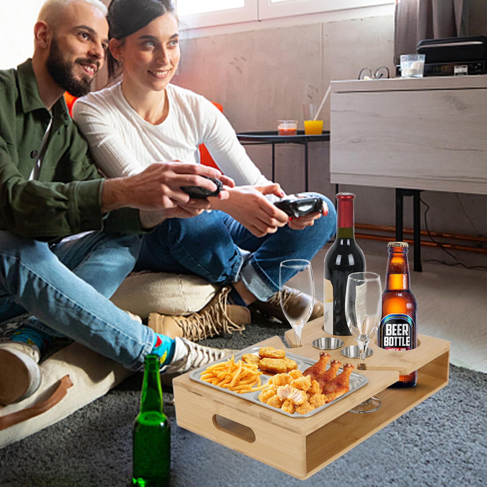 Couchbar Snackbox, Couch Bar mit Edelstahl-Snackschalen & Weinhalter, Snackbar Sofatablett, Holz Couch Snackbox, Weinhalter, Snackspender, Personalisiert Sofa Organizer