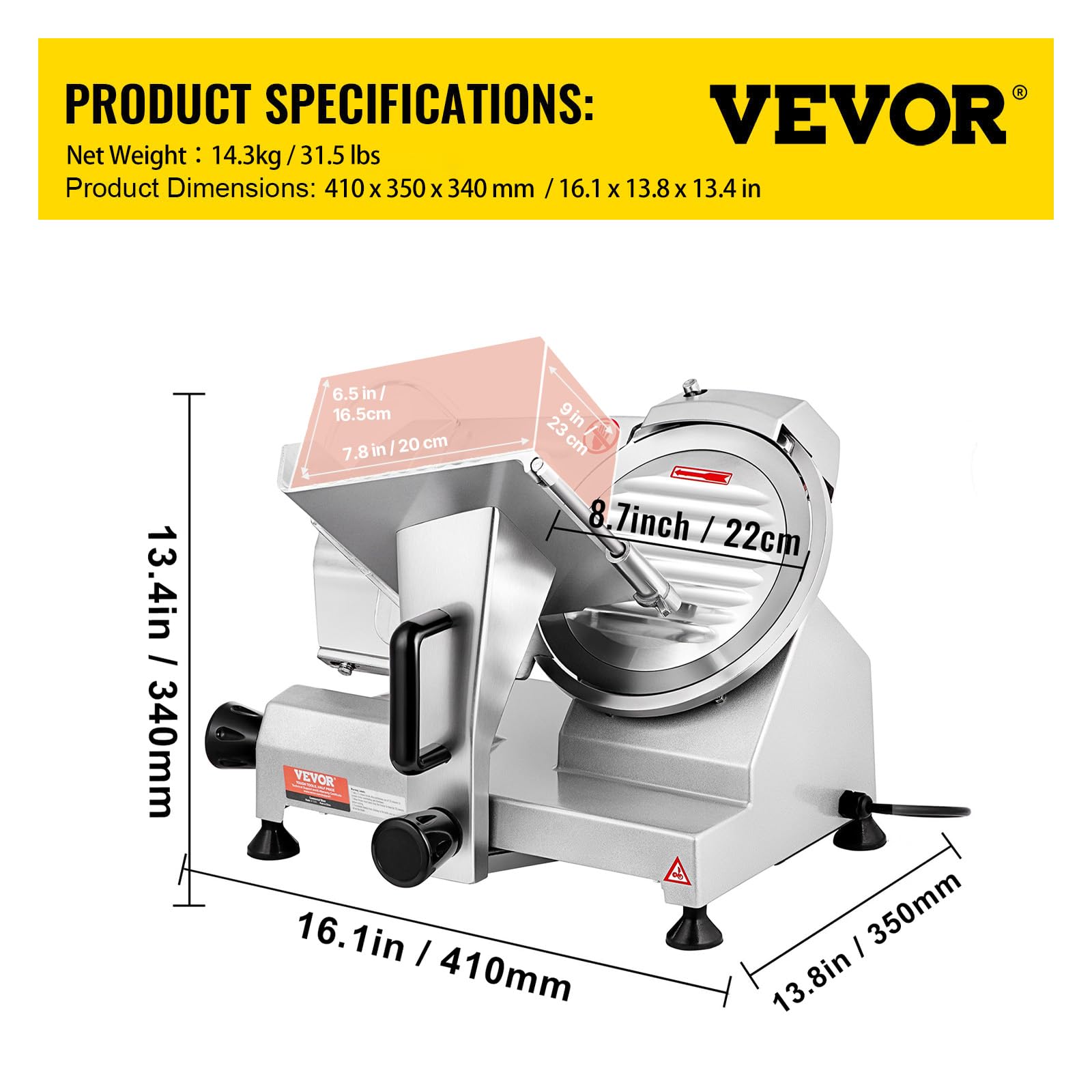 VEVOR Affettatrice con Lama Elettrica Diametro 20,3cm per Carne Verdure Formaggi, Macchina Elettrica Uso Domestico per Salumi Spessore Regolabile