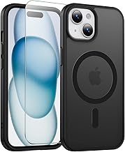 Magnetic Case for iPhone 13/14/15 with Screen Protector, [Full Camera Protection] [Compatible with Magsafe] [Translucent Matte] Shockproof Protective Phone Case 6.1''-Black