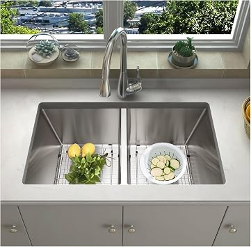 SANYCASA 33 Inch Double Bowl Kitchen Sinks with Quick Drain Slope - 11 Gauge 3mm 304 Stainless Steel Undermount Kitchen Sink with Accessories