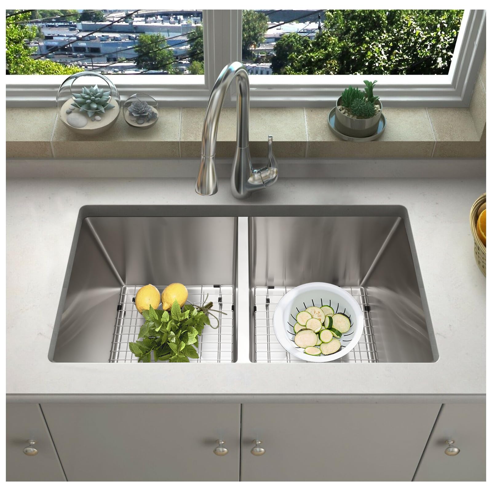 Photo 1 of **sold as is no refund/return** SANYCASA 33 Inch Double Bowl Kitchen Sinks with Quick Drain Slope - 11 Gauge (3mm) 304 Stainless Steel Undermount Kitchen Sink with Accessories