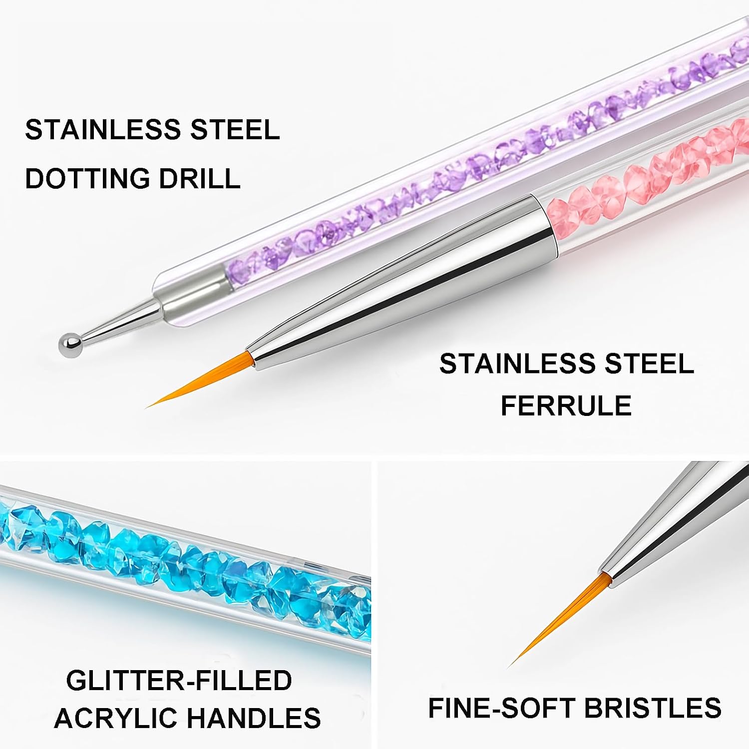 10PCS Nail Art Brushes Set – 5 Dual-Ended Dotting & Painting Pens + 5 Liner Brushes – Crystal Handle Nail Design Tools for Gel, Acrylic, Nail Tips, DIY Manicure & Salon Use