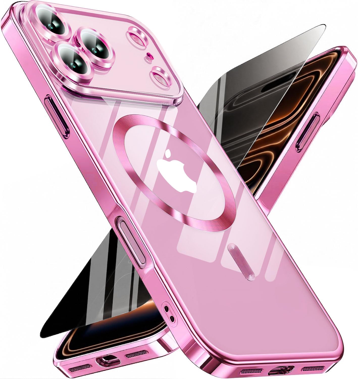 Magnetic for iPhone 17 Pro Max Case with Privacy Screen Protector &amp; Full Camera Cover,[Non-Yellowing] Shockproof Clear Phone Case Compatible with MagSafe Women Girls for iPhone 17 ProMax,Hot Pink