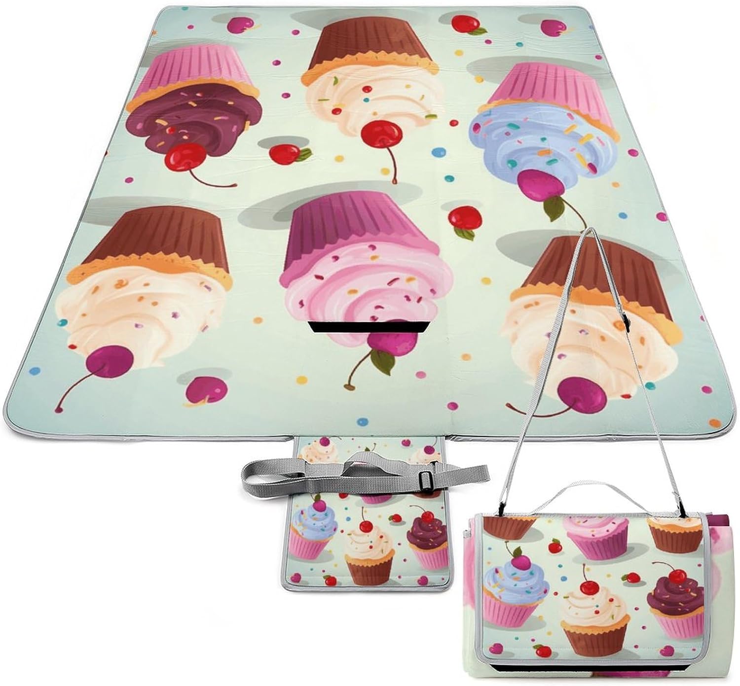 Outdoor Picnic Blanket Extra Large Beach Blanket Waterproof Picnic Mat Delicious Cupcakes Camping Blanket Portable with Carry Strap Park Blanket for Grass Camping Park