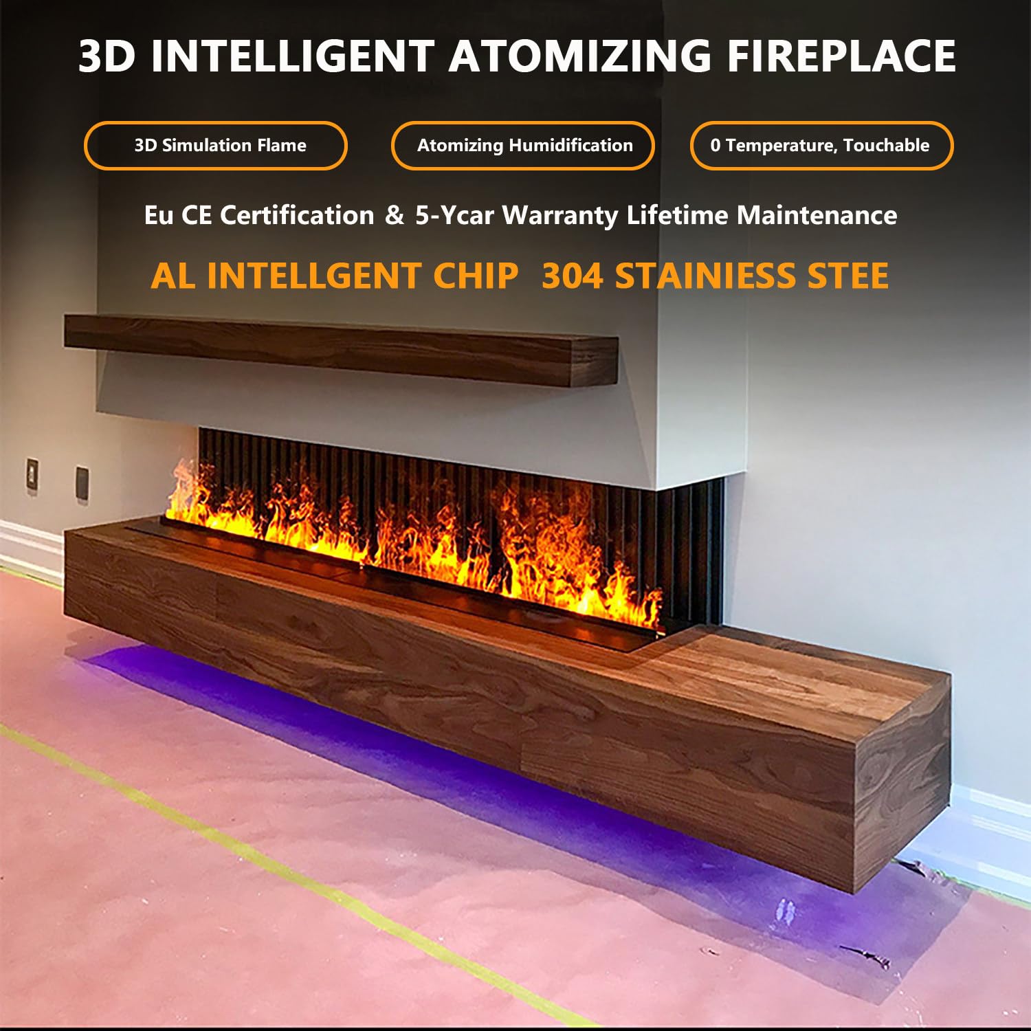 Chimenea inteligente de vapor de agua 3D con control remoto, 9 colores de llama, panel táctil, recarga automática