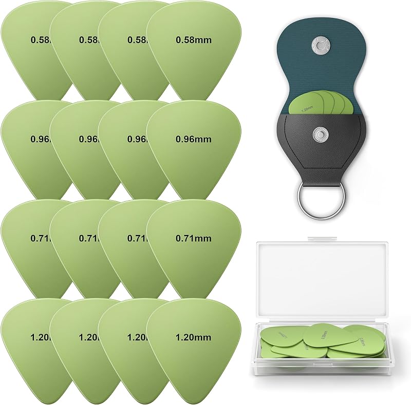 16pcs Nylon Guitar Picks with Storage Box & Holder, Matte Non-Slip Plectrums for Acoustic Guitar, Variety Pack with 4 Thicknesses for Enhanced Grip & Warm Tone