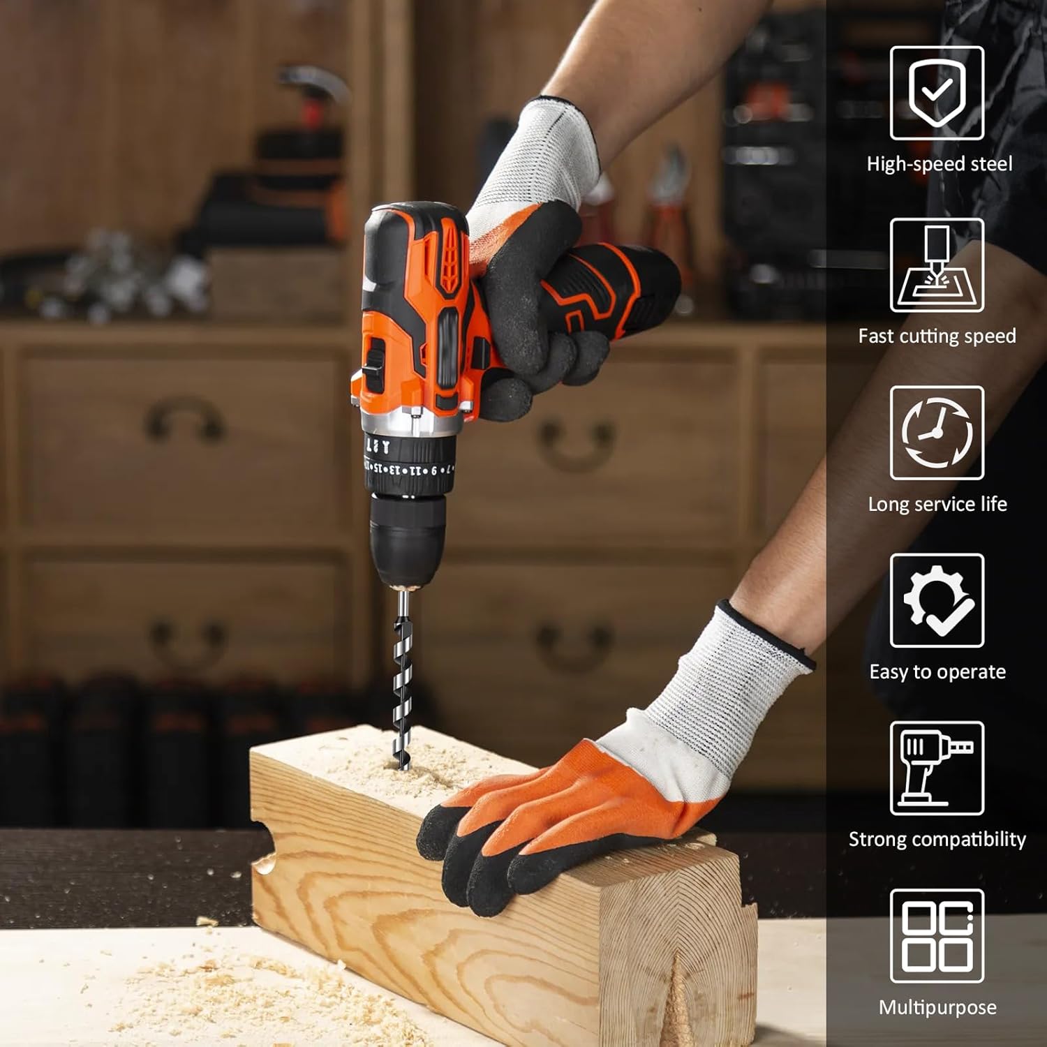 6Pcs 12" Auger Drill Bit Set for Wood, Ship Auger Drill Bit, 1/4", 3/8", 1/2", 5/8", 3/4" and 7/8" Size Hex Shank Long Auger Drill Bit for Soft and Hard Wood,Drywall,Plastic and Composite Materials