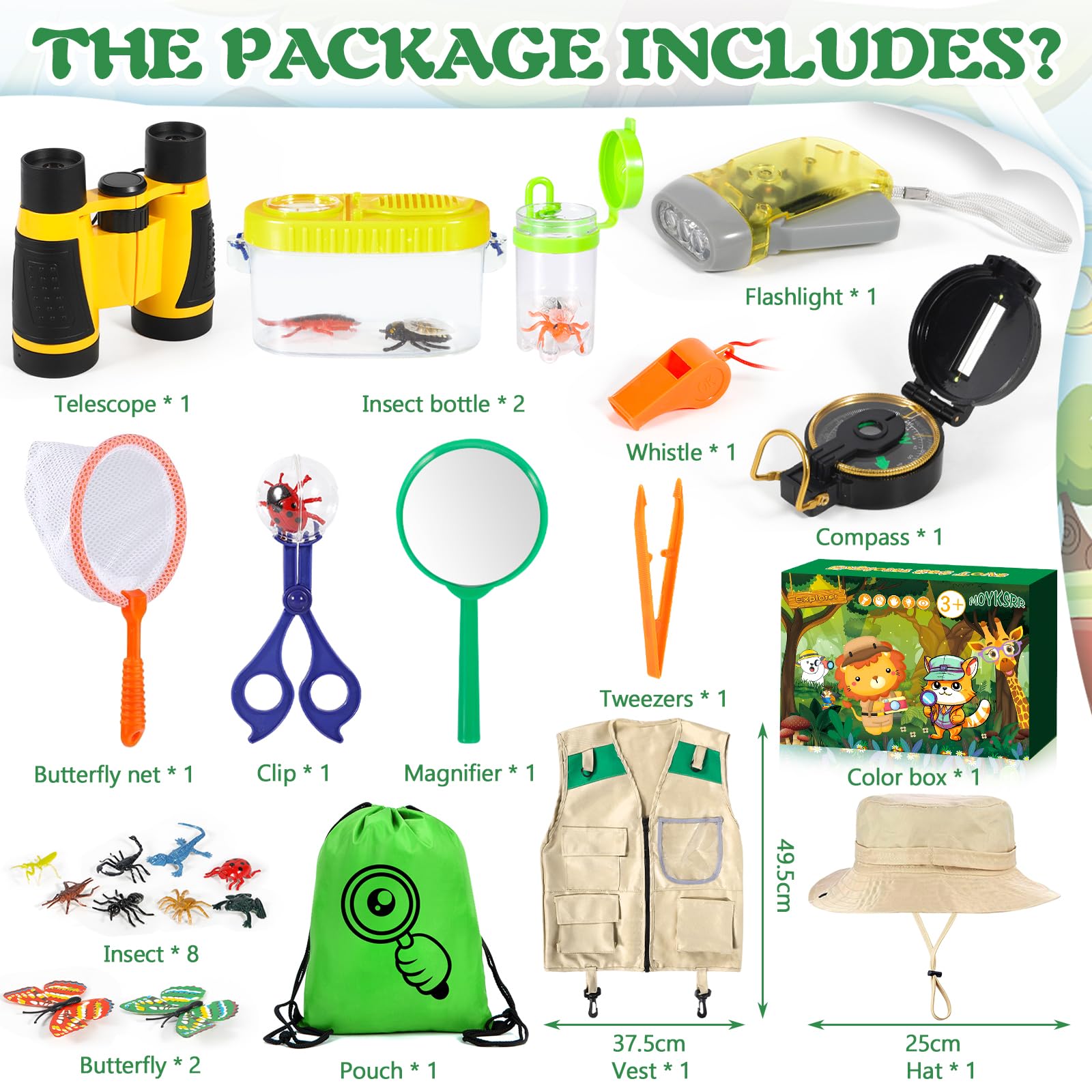 MOYKSRR Set di Giocattoli da Esploratore Esterno, Set Explorer Outdoor Giocattoli, Set di Esplorazione per Bambini con Gilet, Cappello, Binocolo, Bussola per Avventura Campeggio Escursionismo