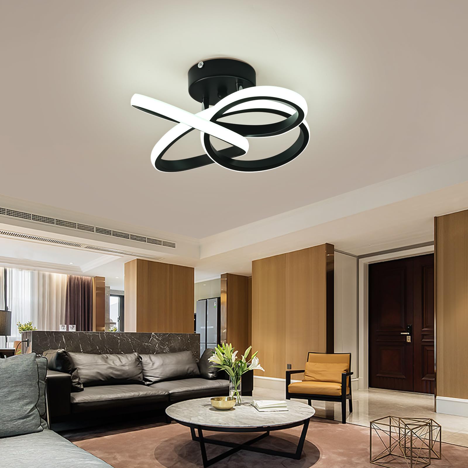 KUKAK Plafoniera LED,Lampada da Soffitto Moderna 36W 3900lm, Plafoniere Design Fiore,Lampadario acrilico Nero Soggiorno Cucina Bagno Camera da Letto Corridoio,Luce Bianco Freddo 6000K,Diametro 31cm