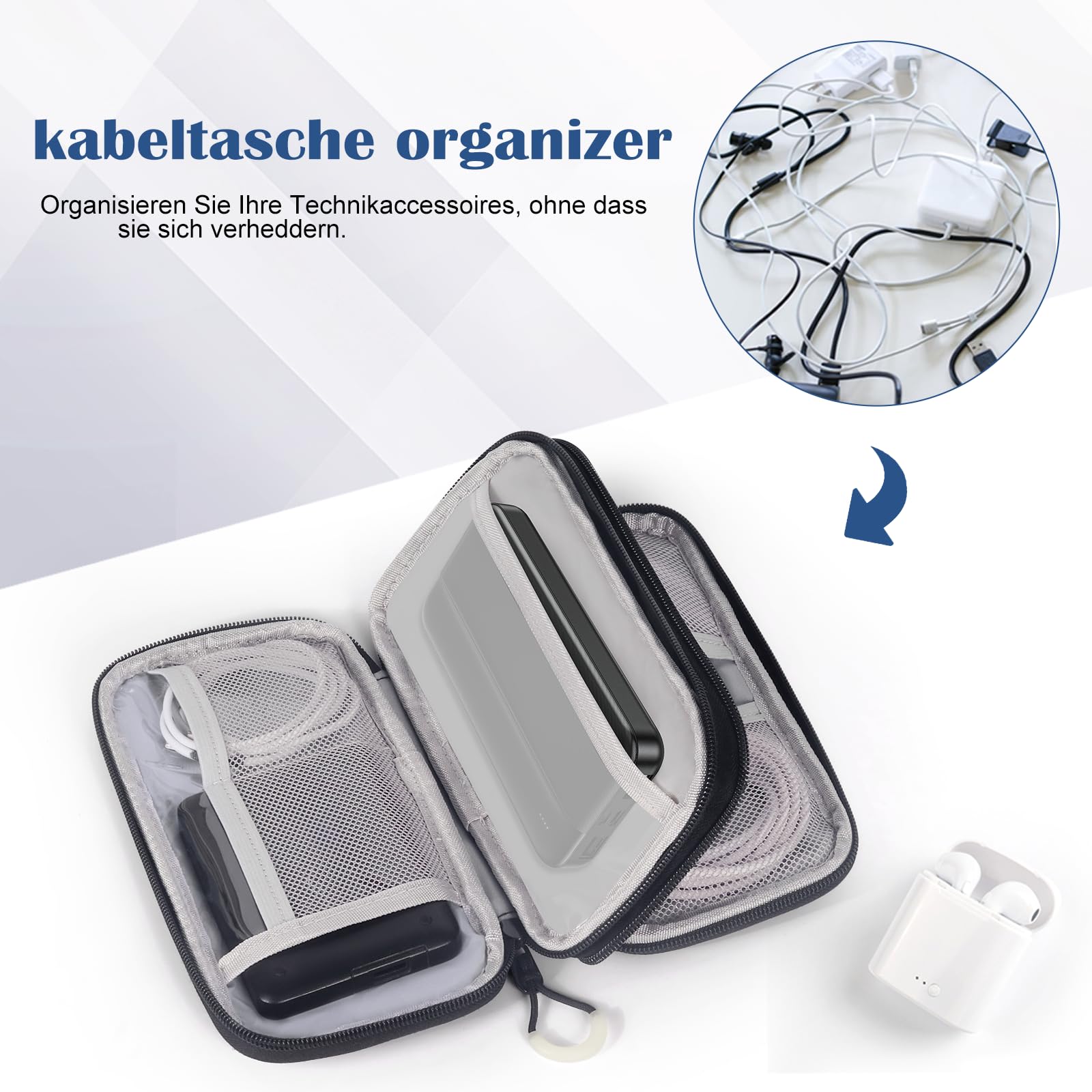 Organisateur de câbles avec fermeture éclair lumineuse - Organiseur portable à double couche pour accessoires électroniques, câble de charge de téléphone portable, batterie externe USB, carte SD