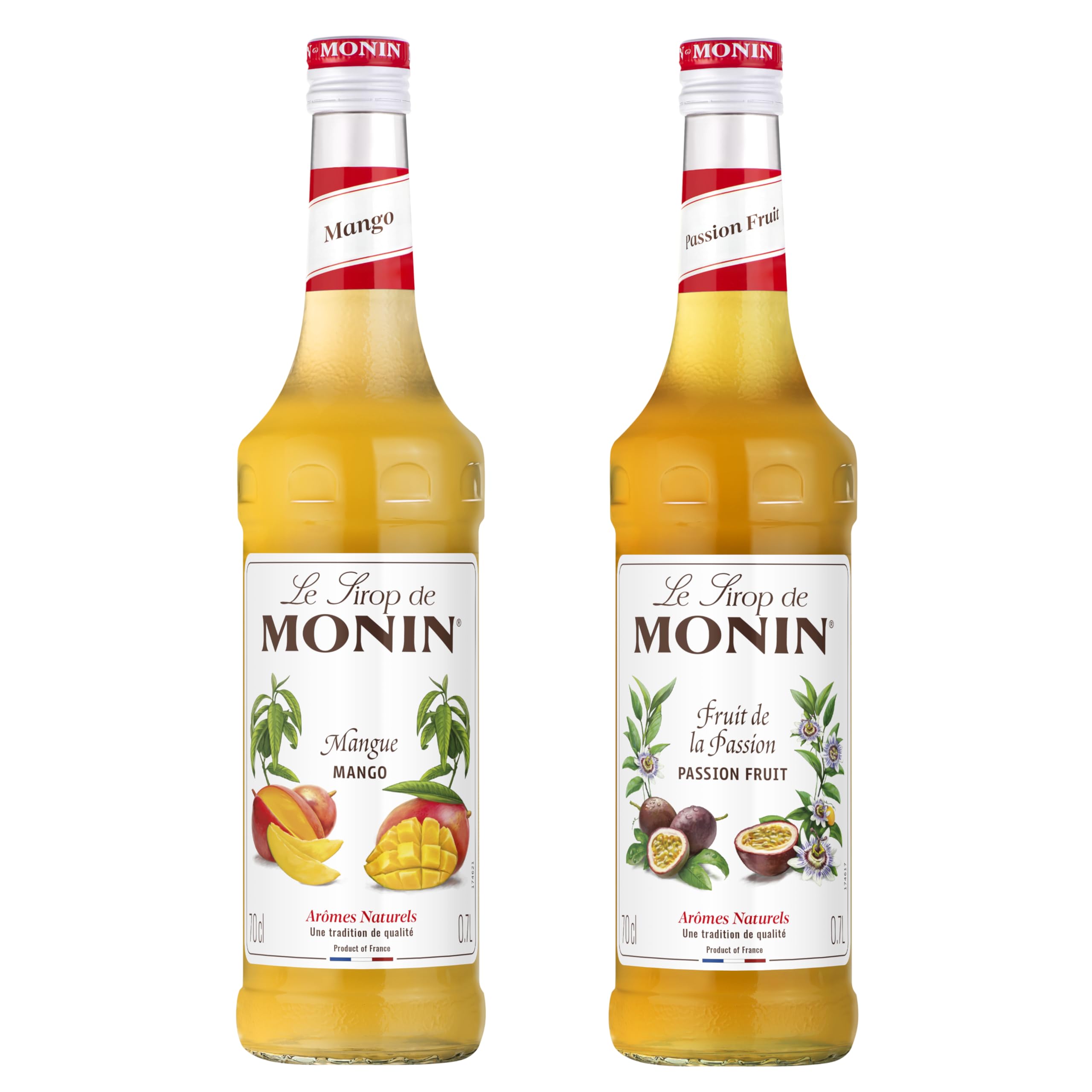 MONIN - Assortiment Sirop MONIN Saveurs Mangue et Fruit de la Passion - Pour Cocktail Avec ou Sans Alcool, Thé Glacé, Limonade - Arômes Naturels - Bouteille en Verre - 2 x 70 cl