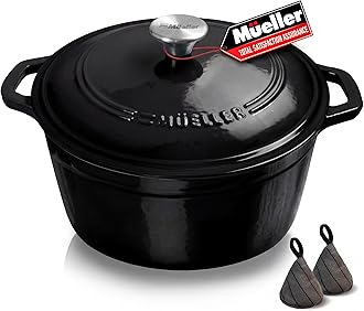 MUELLER HOME 6 Quart Enameled Cast Iron Pot Dutch Oven, Heavy-Duty Oven-Safe up to 500° F, & Across All Cooktops, Casserole Dishes for Ovens, Bread Pan with Lid and Knob, Cast Iron Cookware, Black