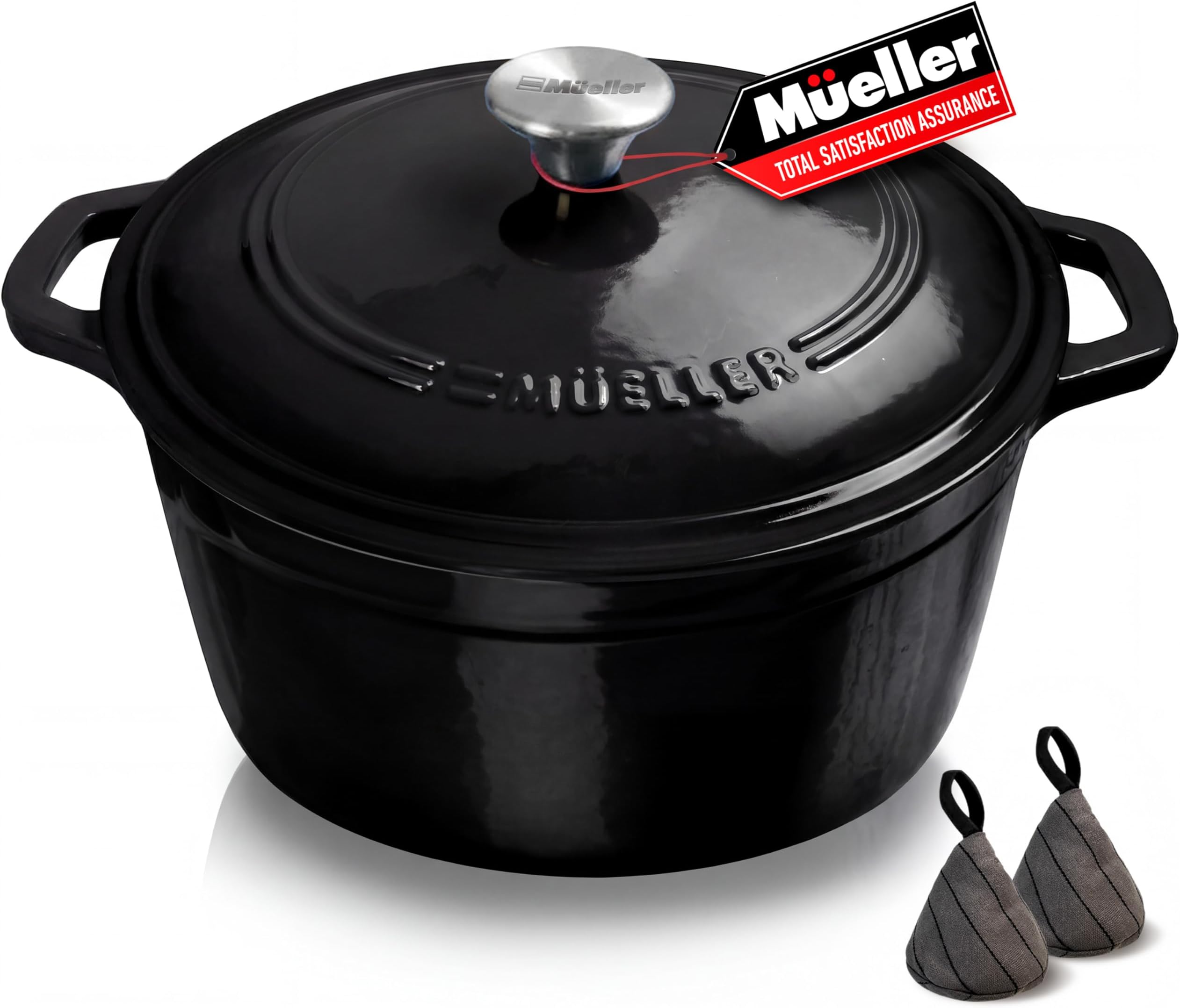 MUELLER HOME 6 Quart Enameled Cast Iron Pot Dutch Oven, Heavy-Duty Oven-Safe up to 500° F, & Across All Cooktops, Casserole Dishes for Ovens, Bread Pan with Lid and Knob, Cast Iron Cookware, Black