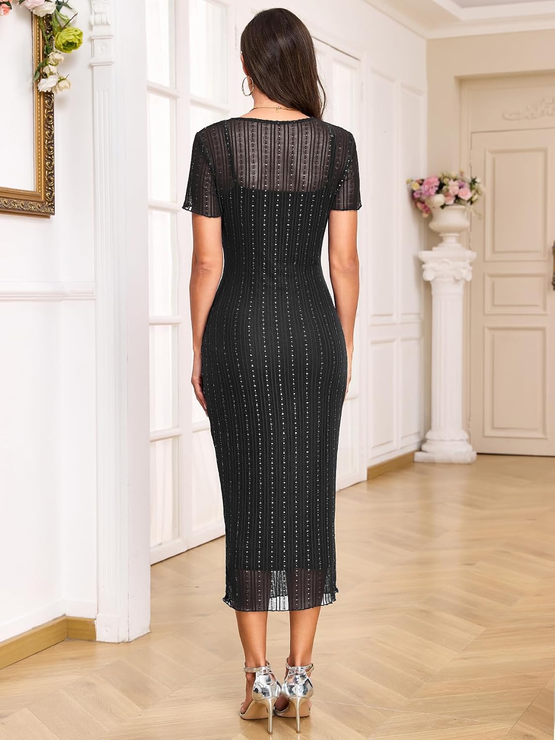 AISWI Sparkly Mesh Maternity Dress Short Sleeve 2 Piece Bodycon Midi Pregnancy Dress for Baby Shower Wedding Guest Party