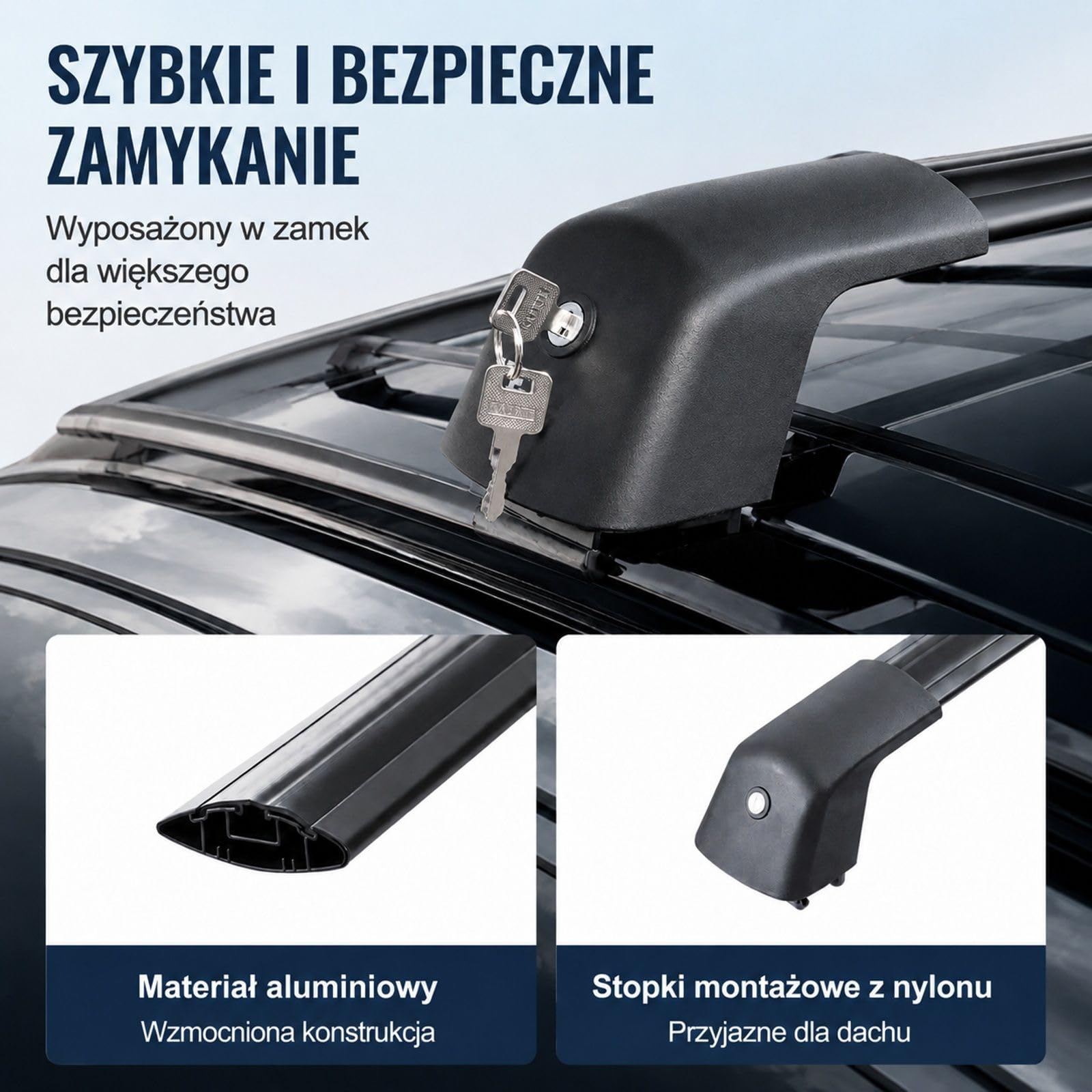 Uniwersalne aluminiowe belki dachowe, 2 sztuki, czarne, do aut z podniesionymi relingami i bagażem podróżnym