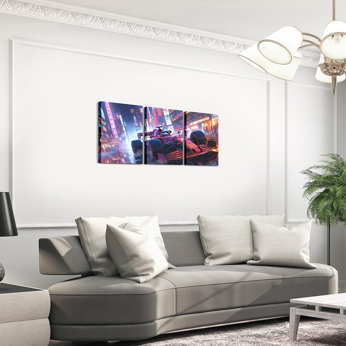 Kart Race Car Canvas Wall Artwork Decor,High Building Neon Light Wall Painting,Boys Girls Room Decor,Modern Extreme Sports Speed Games Fashion Poster Pictures,Red Blue 3 Pieces Framed Canvas Wall Art image 3