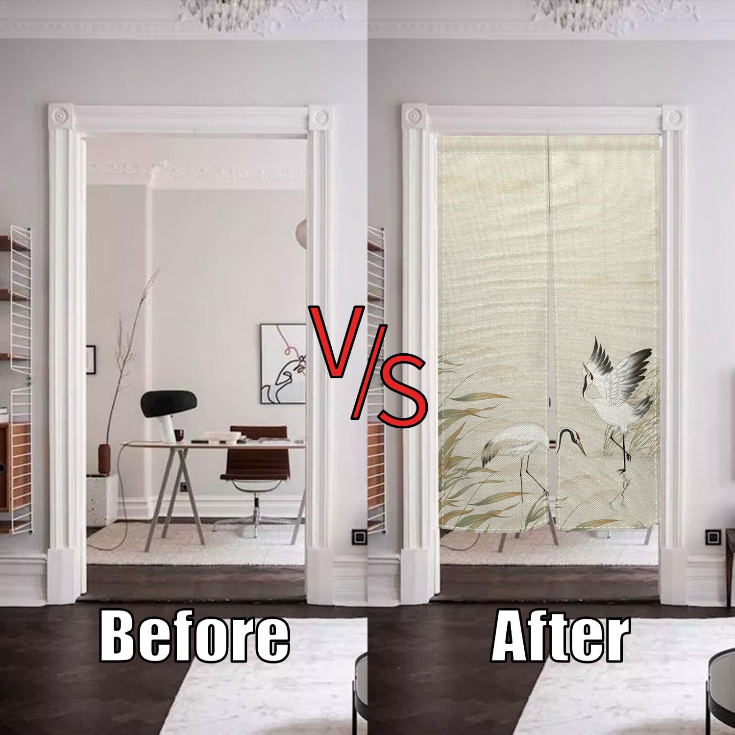 Leowefowa Noren Japanese Doorway Curtain Long Style Traditional Cranes Reed Printed Curtain for Doorway Window Treatment Japanese Door Tapestry for Wall Hanging Room Divider Home Decor, 33.5"x 70.9"