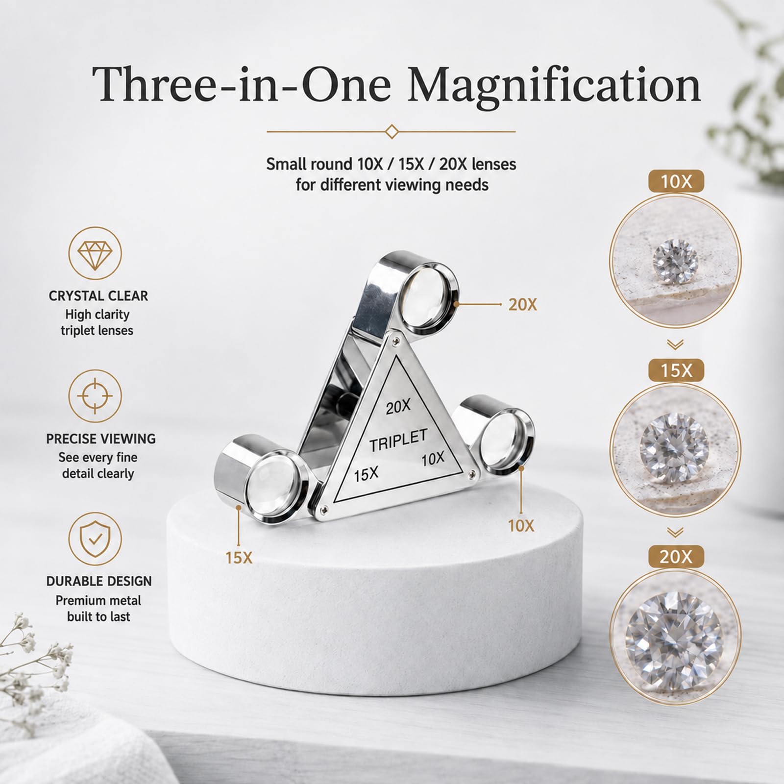 3-in-1 Juwelierlupe 10X 15X 20X Triplet-Linse Chrom Taschenwerkzeug | 18mm Achromatische Optik | Ausklappbares Dreieck-Design | Kupferlegierung | Korrosionsbeständig