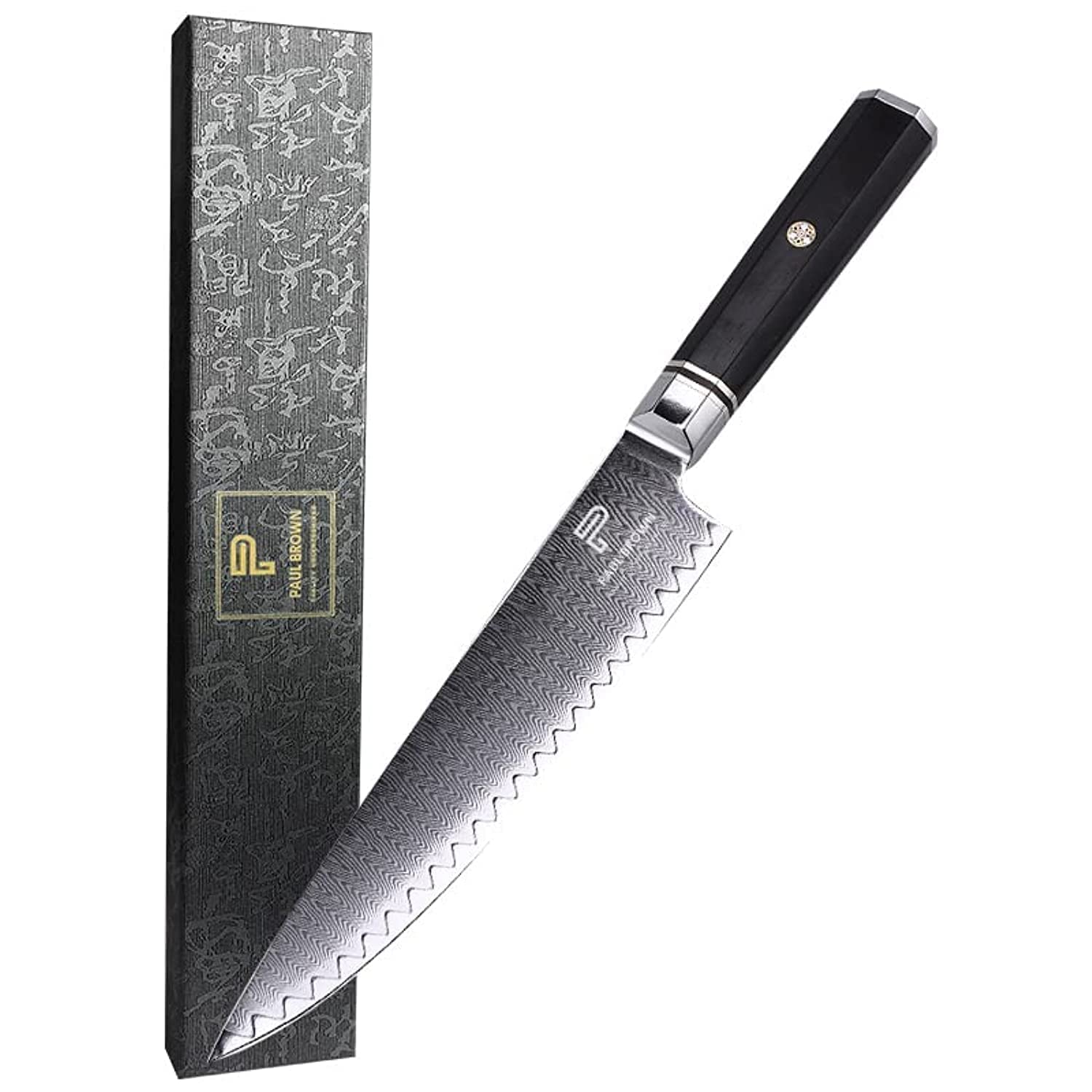 PAUL BROWN® Chef Knife Premium Hammered Japanese high carbon Steel with Wooden Handle with Ultra Sharp corrosion-resistant Edge (Knight, 8")