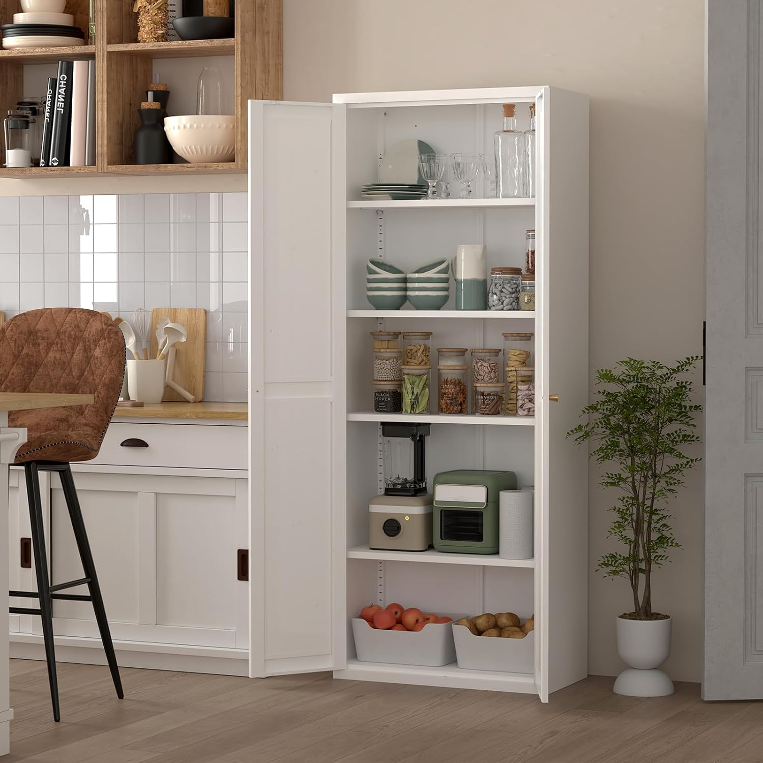 Pantry Cabinet,Tall Kitchen Pantry Storage Cabinet with Doors and Shelves,Metal Pantry Storage Cabinets,Cupboard for Living,Dining Room,White