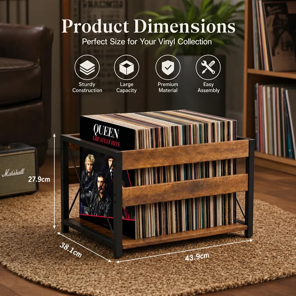 HFHOME Cassetta portaoggetti per dischi in vinile, scatola portaoggetti in legno, cubo classico, per CD, album, può contenere fino a 100 dischi e riviste, per scrivania, casa, ufficio
