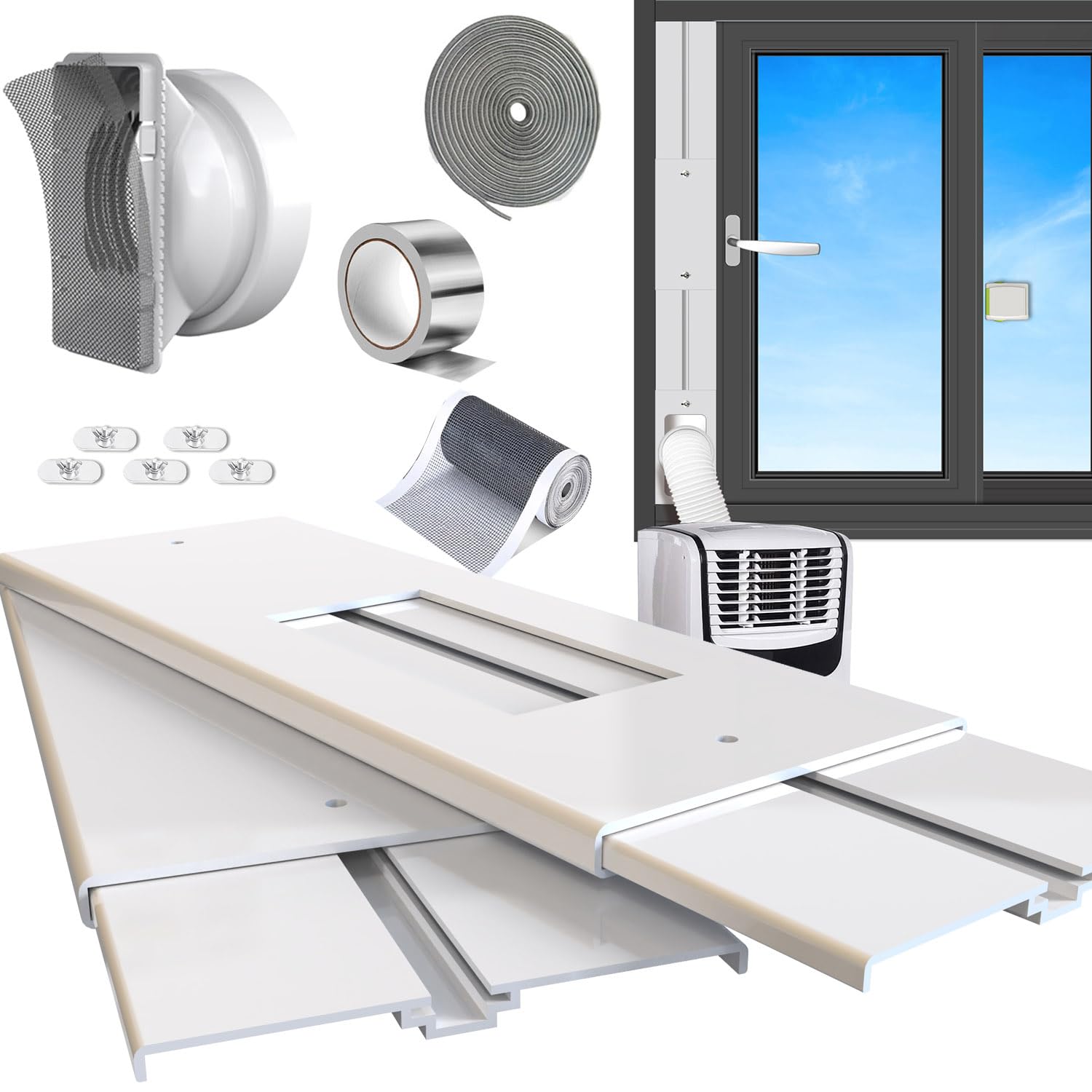 Portable Air Conditioner Window Vent Kit 26-62"Adjustable with Universal 5.0/5.9"Adapter Security Lock 2 Weather Strippings Perfect Fit for LG Portable AC Vertical/Horizontal Sliding Window Seal Kit — image 1