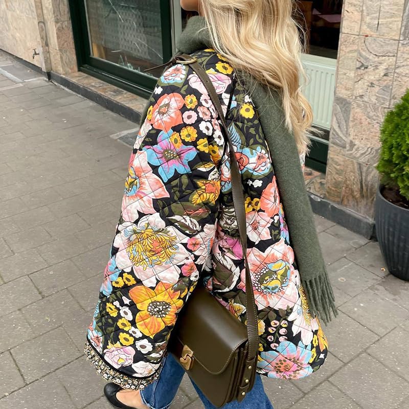 Akivide Women Winter Boho Floral Print Sherpa Fleece Lined Jacket Vintage Quilted Faux Fur Wrap Long Sleeve Button Up Coat2