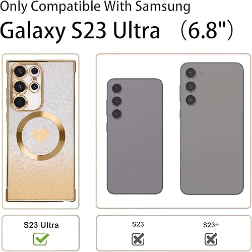 Miniatura 2 de FIRSTPELLA Funda magnética con purpurina para Samsung Galaxy S23 Ultra - compatible con MagSafe Funda transparente de lujo con diseño de corazón y