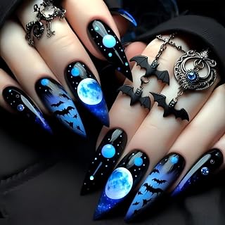 Halloween Press on Nails Long Almond Fake Nails With Blue Gradient Design Glossy Halloween Black Bat Acrylic Glue on Nail Reusable Artificial Stick on Nail for Women DIY Manicure