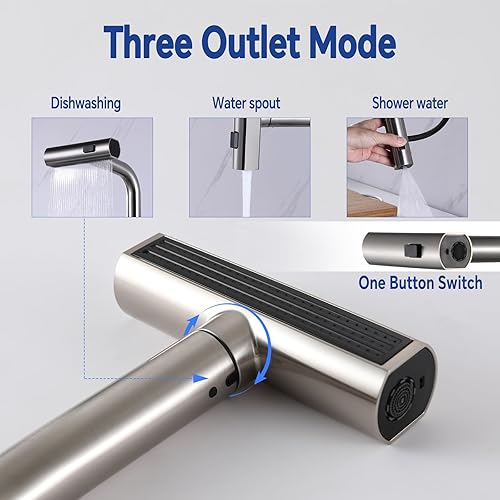 Miniatura 4 de Grifo de cocina en cascada con rociador extraíble, grifo de fregadero de cocina con pulverizador, 3 modos de níquel cepillado, grifos de cocina