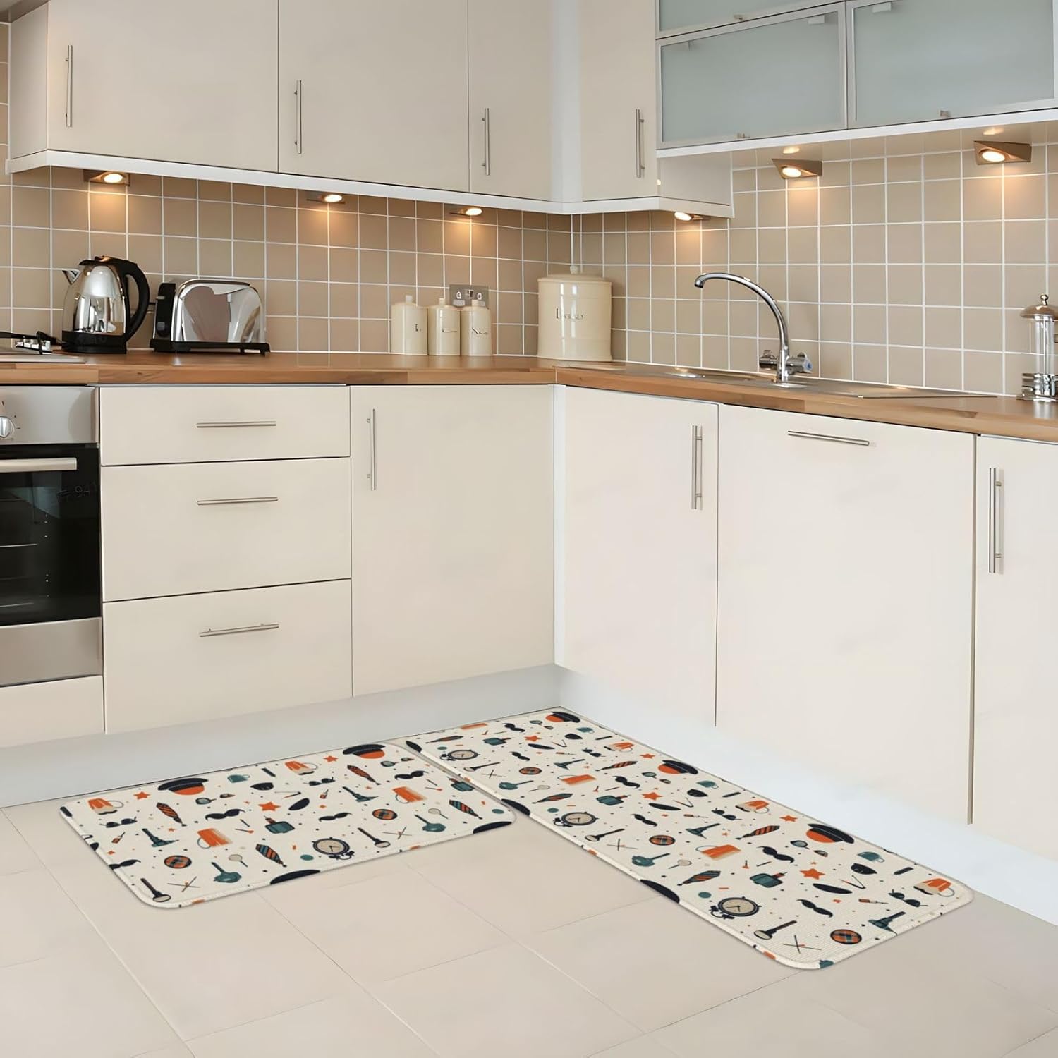 Hat Clock Glasses Print Kitchen Rugs Sets of 2 Non Slip Washable, Anti Fatigue Kitchen Mats for Floor, Home Decor