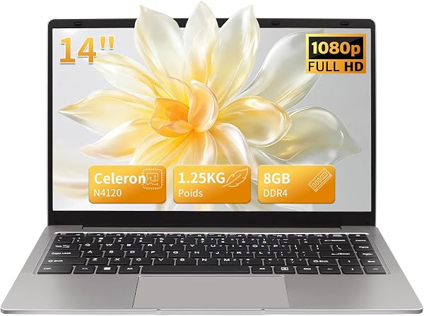 Ordinateur Portable 14 Pouces, 8 Go DDR4, IPS 1920 x 1080, Celeron N4120, avec Protection De Clavier AZERTY en Français,(Gris, 8GB+256G SSD) - 1
