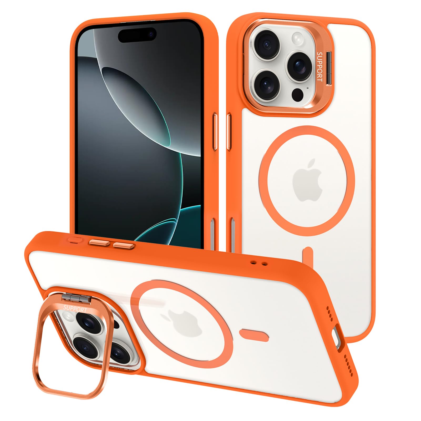 LSL for iPhone 16 Pro Max + Clear Orange Magentic Phone Case Compatible with MagSafe + Metals Metal Stand Kickstand + Screen Protector + Full Camera