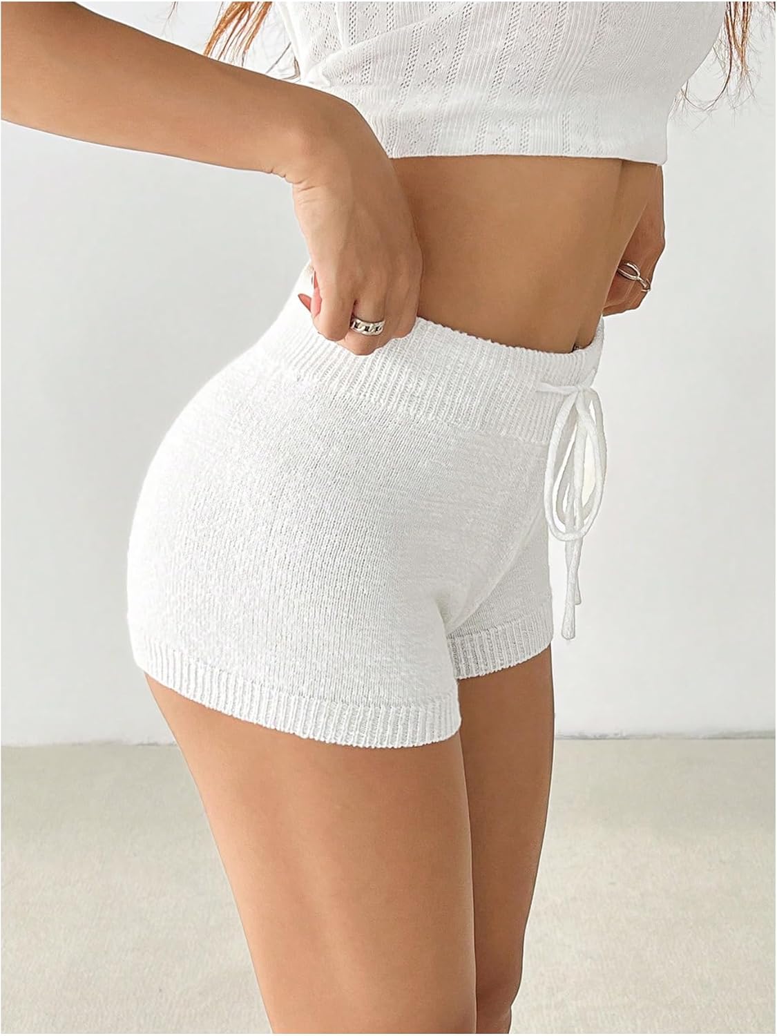 MakeMeChic Women's Crochet Knit Mini Shorts Micro Pajama Fuzzy Shorts Petite White Medium - Image 2