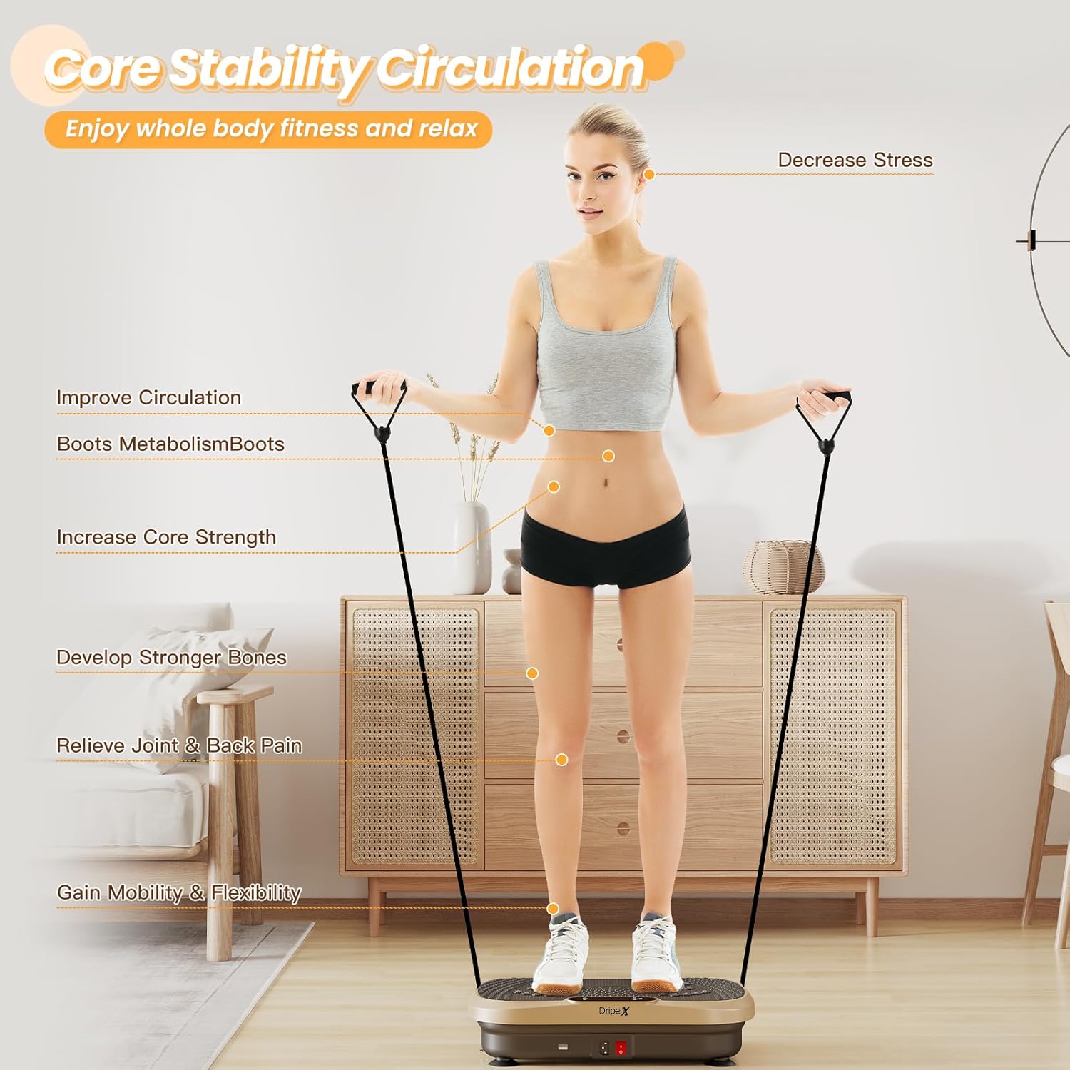 Woman exercising on the Dripex Vibration Platform with resistance bands, illustrating benefits like decreased stress, improved circulation, boosted metabolism, increased core strength, stronger bones, pain relief, and improved mobility.