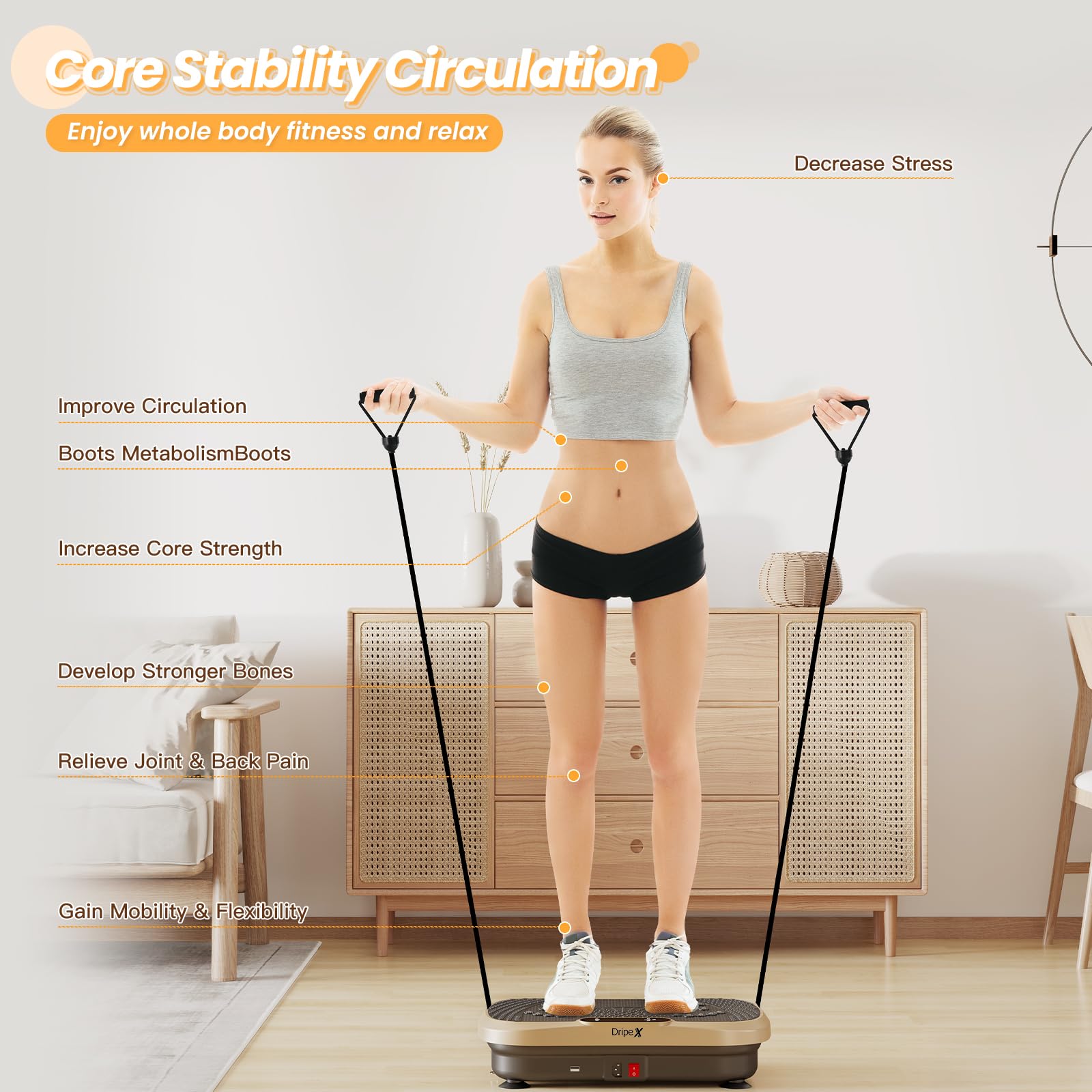 Dripex Vibrationsplatte, 3D Trainingsgerät mit 99 Vibrationsstufen, Fitnessgeräte für Zuhause, Ganzkörpertraining und Muskelaufbau, 5 Trainingsprogramme, Bluetooth Lautsprecher, Trainingsbänder