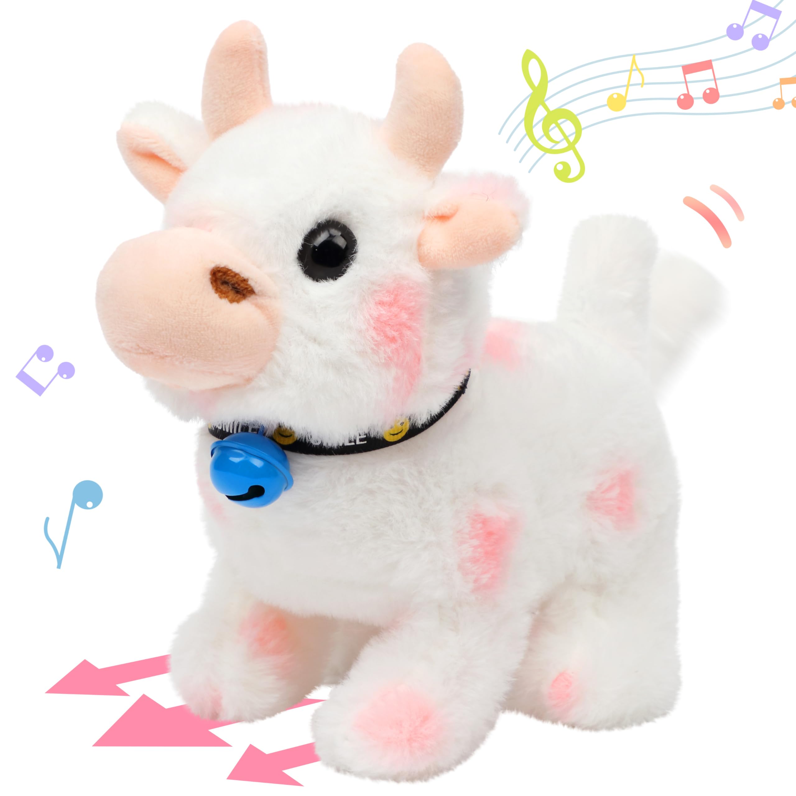 Hopearl Walking Cow Interactive Electronic Pet Plush Diary Cattle Toy with Sounds and Movements MOO Nodding Head Wag Tail Animated Gifts for Toddlers Birthday, Pink, 7''