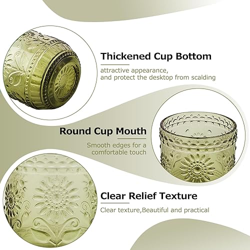 Miniatura 5 de Tazas vintage en relieve, copas de vino vintage de 12 onzas, 4 vasos para beber con diseño de girasol, cristalería verde floral en relieve para
