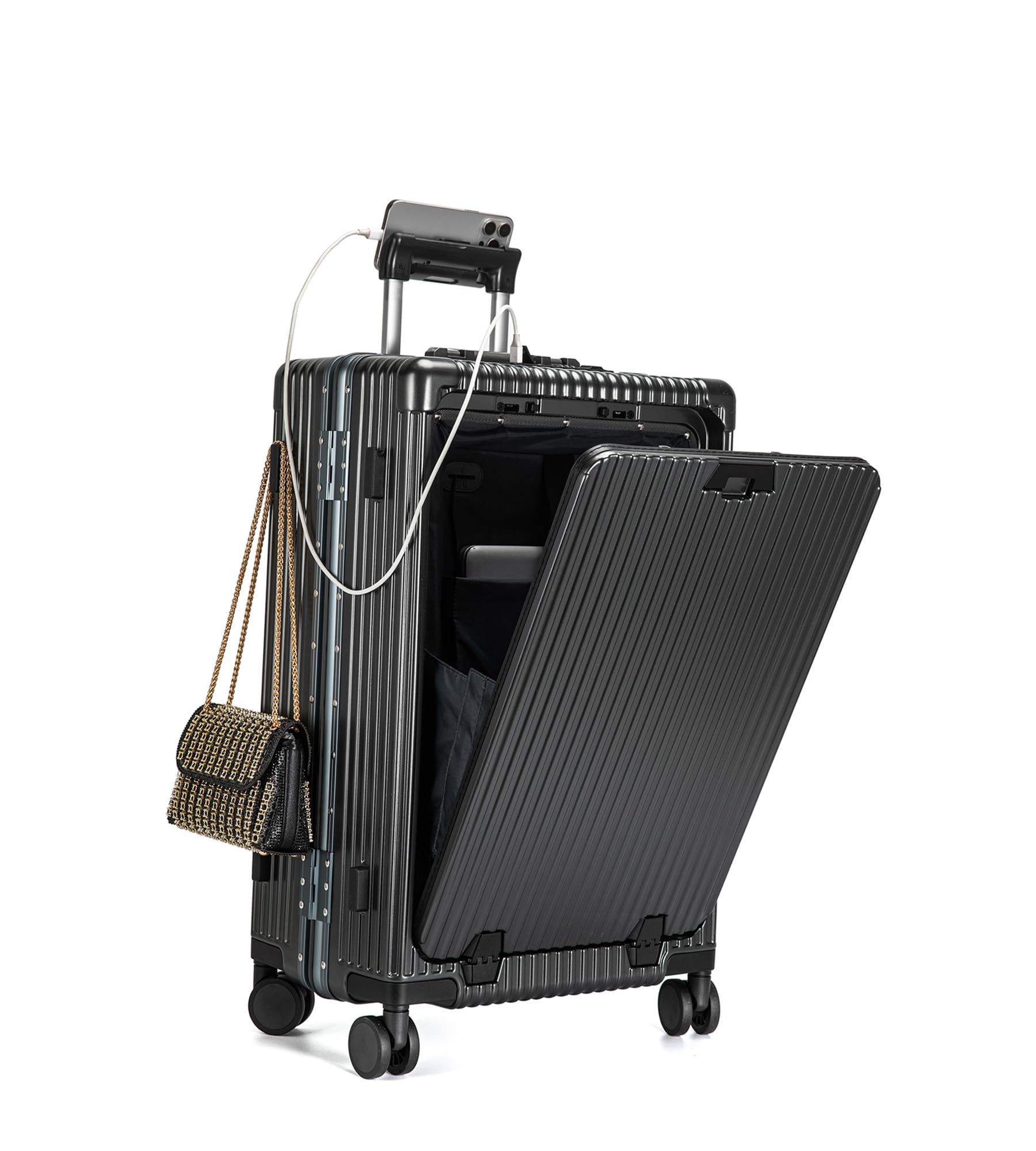 Aluminium Frame Hardside Expandable Spinner Wheel Luggage, Built-in TSA Lock Carry on Suitcase, with Cup Holder & USB Port & Phone Holder - - in 18in/20in/24in Sizes, Grey, 24", Business