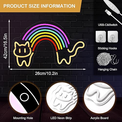 Miniatura 3 de Letrero de neón de gato arcoíris para decoración de pared, letrero de luz de neón de arco iris, luz de neón alimentada por USB, para dormitorio,