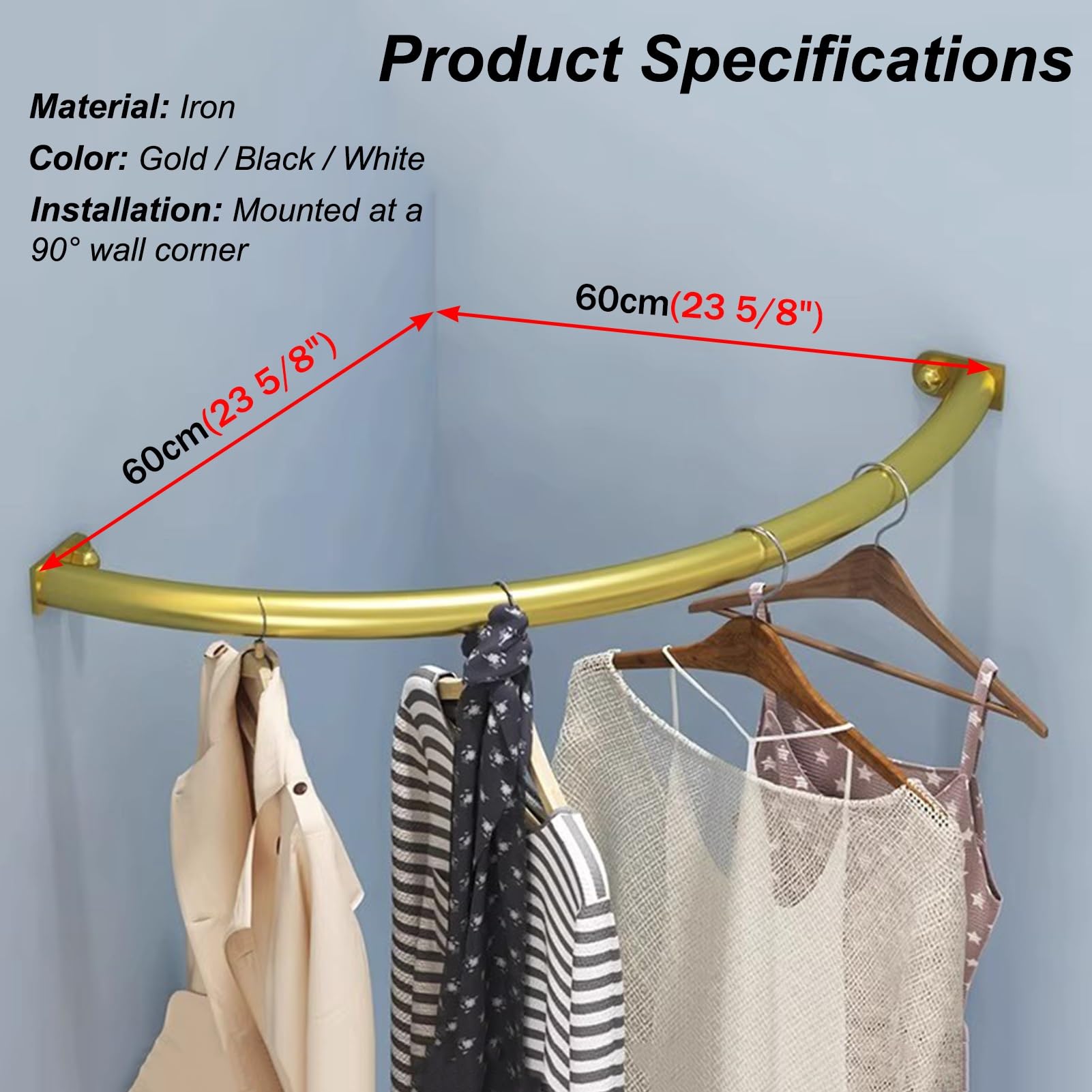 Barra Appendiabiti Asta Appendiabiti Angolare per Montaggio a Parete, Asta Organizer per Armadio per Parete A 90°, Appendiabiti Curvo per Organizzare, Barra per Guardaroba(Black,60cm(23 5/8"))